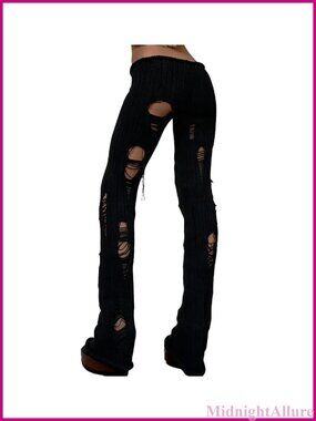 Womens Slim-Fit Knit Pants Hollow Out Ripped Skinny Trousers Going Out